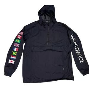 HUF Worldwide Anorak‎ Jacket Mens M Black Flags Half Zip Skateboarder Streetwear